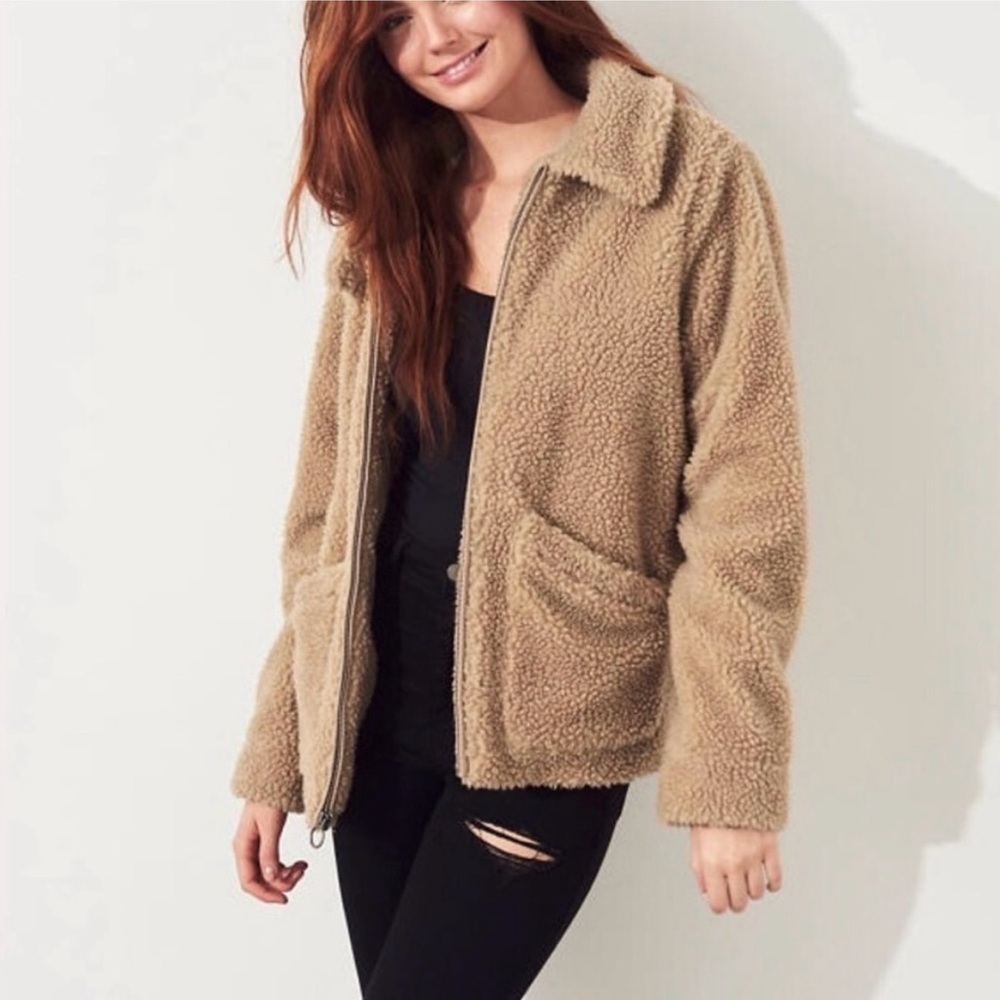 Hollister Teddy Sherpa Hoodie Jacket Brown Fleece Zip Front Size XL Cozy Fall